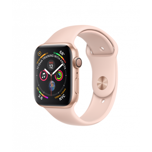 Apple Watch Series 4 GPS se 44mm pouzdrem ze zlatého hliníku a pískově růžovým sportovním řemínkem